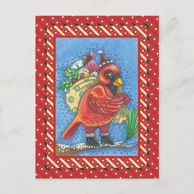 RED BIRD SANTA, GOOD CHEER CHRISTMAS CARDINAL HOLIDAY POSTCARD (Front)