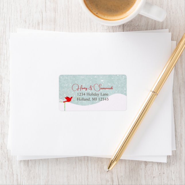 Red Bird Snow Stars Damask Return Address Label (Insitu)