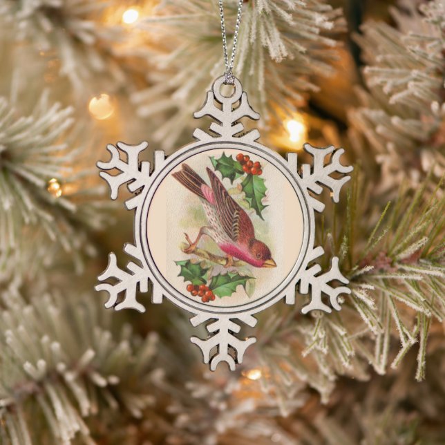 Red Bird Snowflake Pewter Christmas Ornament (Tree)