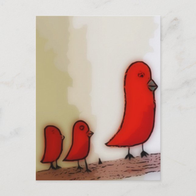 Red Bird With Babies Art Postcard (Front)