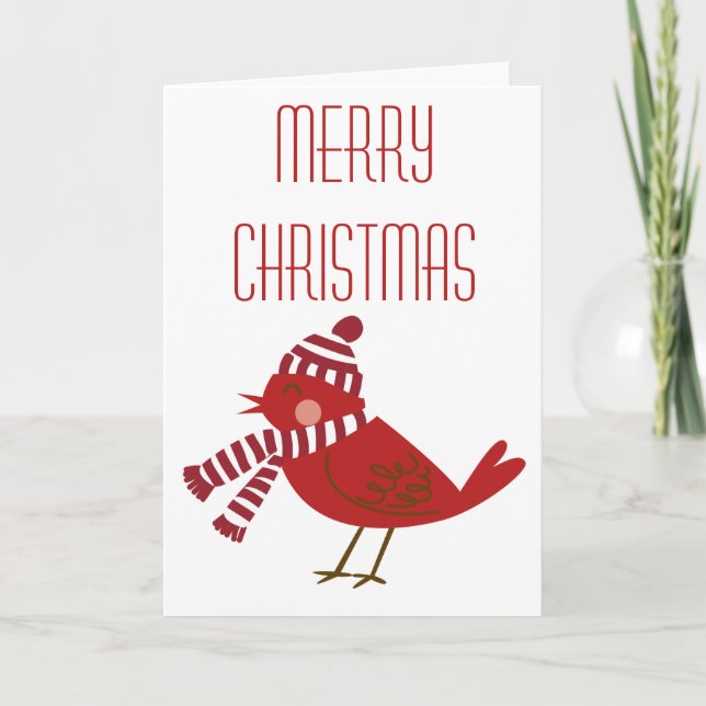 Red Bird with Scarf & Hat Merry Christmas Card (Front)