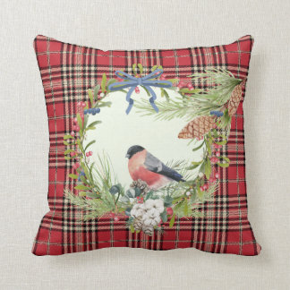 Red Bird & Wreath Christmas Throw Pillow
