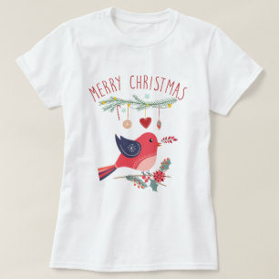 Red Bird & Wreath Scandinavian Christmas Folk Art  T-Shirt