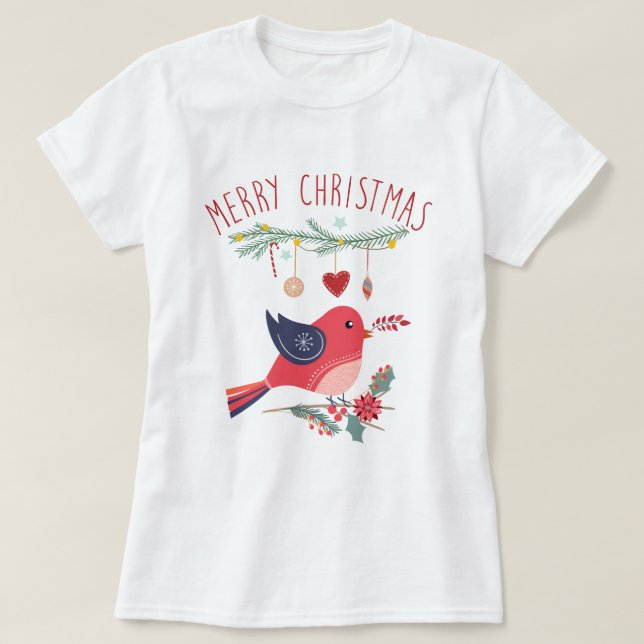 Red Bird & Wreath Scandinavian Christmas Folk Art  T-Shirt (Design Front)