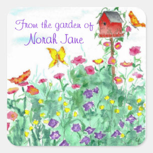 Red Birdhouse Butterfly Flower Garden Watercolor Square Sticker
