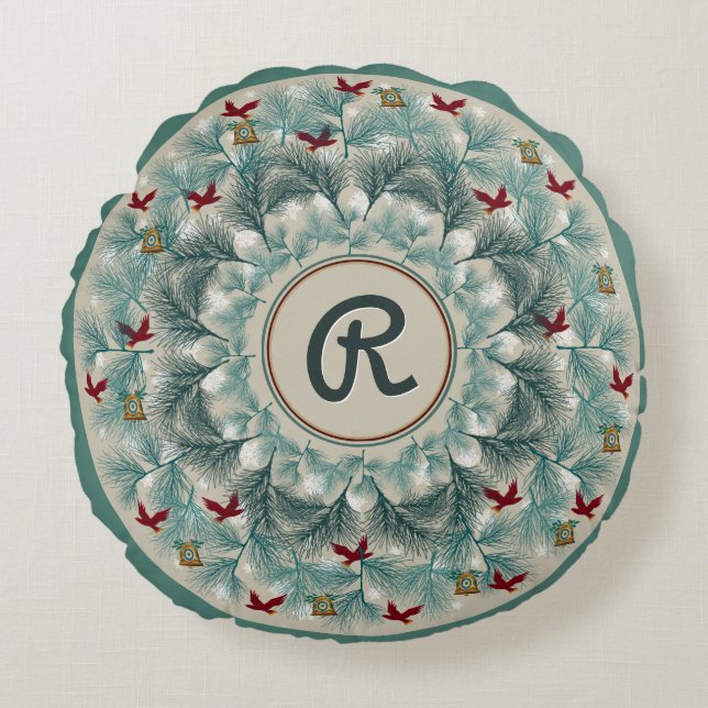 Red Birds and Wispy Pine Personalised Round Cushion (Front)