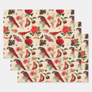Red Birds Butterfly and Mushroom Wrapping Paper Sheet