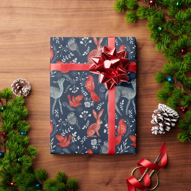Red Birds, Deer, Rabbits on Navy Nordic Christmas Wrapping Paper (Holiday Gift)