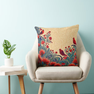 Red Birds, Floral Abstract Folksy Swirls Cushion