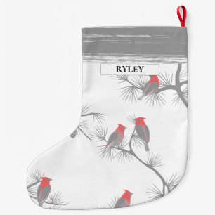 Red Birds Grey Branches Pattern Monogram  Large Christmas Stocking