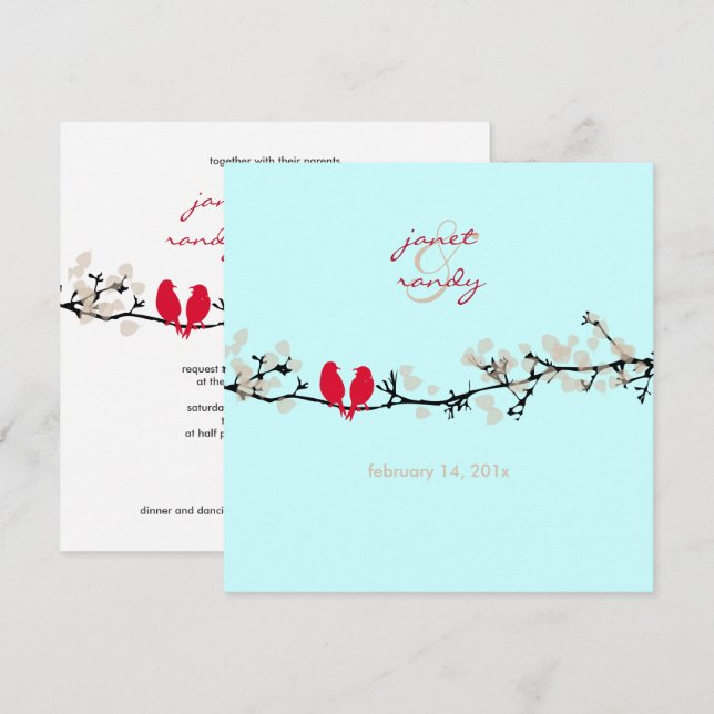 Red birds, love birds/colourful blossoms invitation (Front/Back)