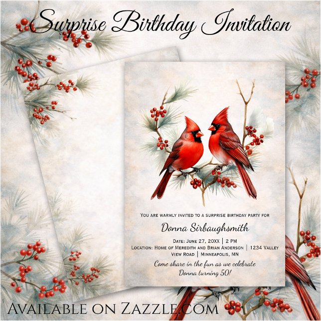 Red Birds on Snowy Pine Branch, Red Berries |  Invitation (Creator Uploaded)