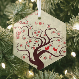 Red Birds Swirl Tree Christmas Ornament