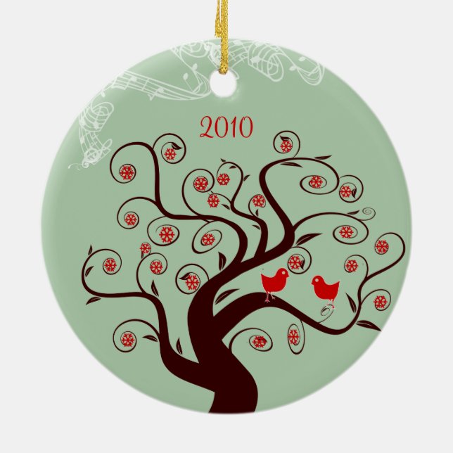 Red Birds Swirl Tree Christmas Photo Ornament (Back)