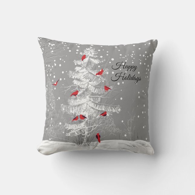 Red Birds, White Christmas Cushion (Front)