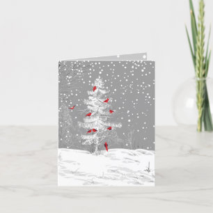 Red Birds, White Christmas, Snowy Pine, w/ address Holiday Card