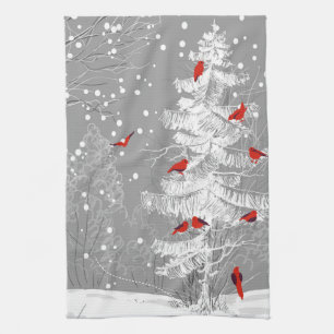 Red Birds, White Christmas Tea Towel