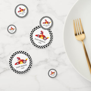 Red Birthday Dinosaur race car boy racing kid name Confetti