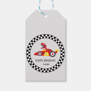 Red Birthday Dinosaur race car boy racing kid name Gift Tags