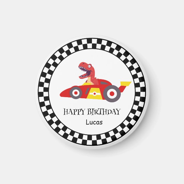 Red Birthday Dinosaur race car boy racing kid name Magnet (Front)