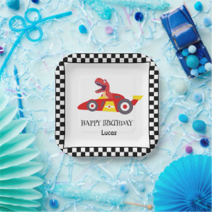 Red Birthday Dinosaur race car boy racing kid name Paper Plate