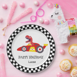 Red Birthday Dinosaur race car boy racing kid name Paper Plate