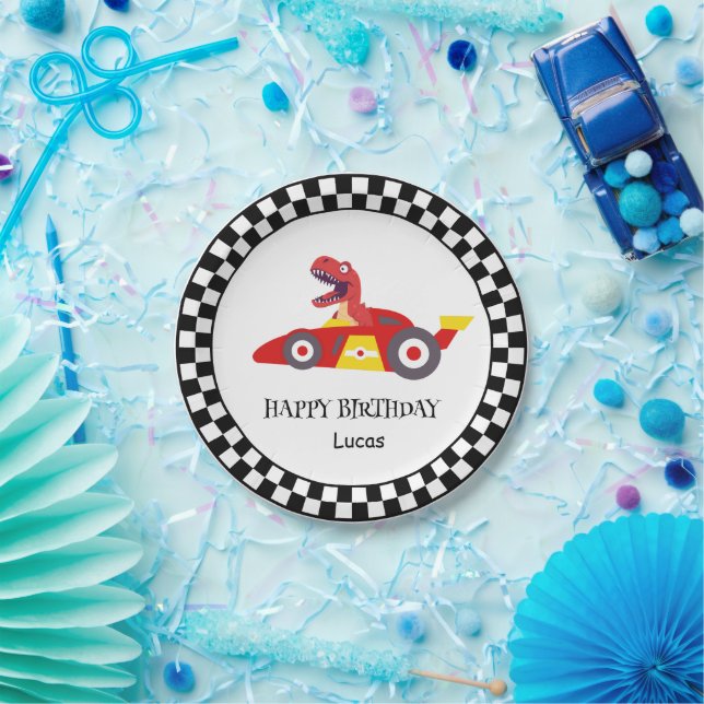 Red Birthday Dinosaur race car boy racing kid name Paper Plate (Party)