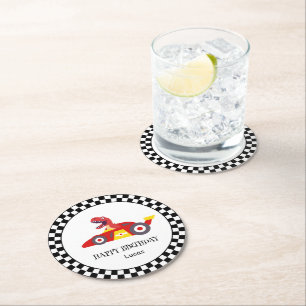 Red Birthday Dinosaur race car boy racing kid name Round Paper Coaster