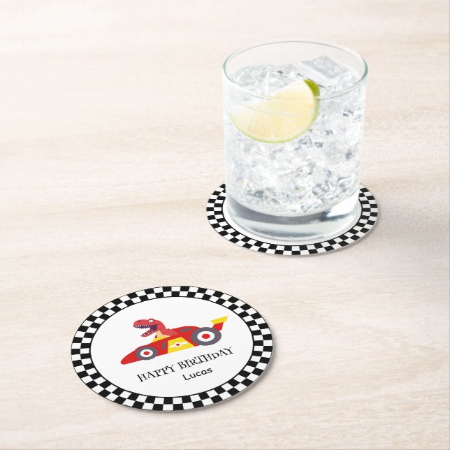 Red Birthday Dinosaur race car boy racing kid name Round Paper Coaster (Insitu)