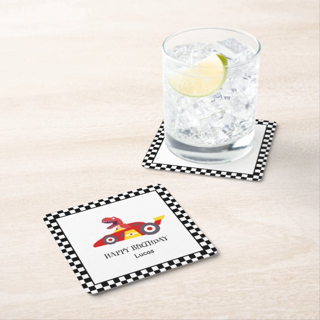 Red Birthday Dinosaur race car boy racing kid name Square Paper Coaster (Insitu)