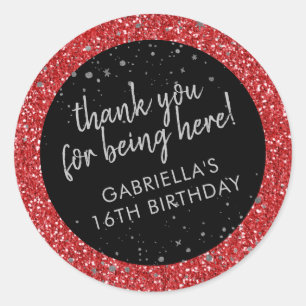 Red Birthday Glitter Thank You Favour Classic Round Sticker