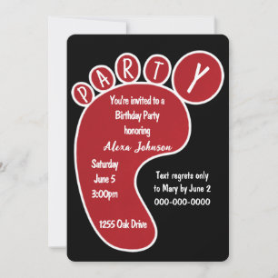 Red Birthday Party Footprint On Black  Invitation