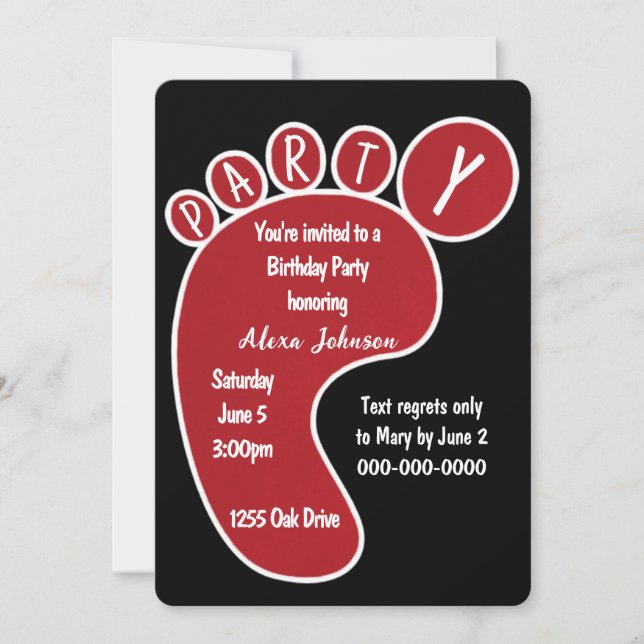 Red Birthday Party Footprint On Black  Invitation (Front)