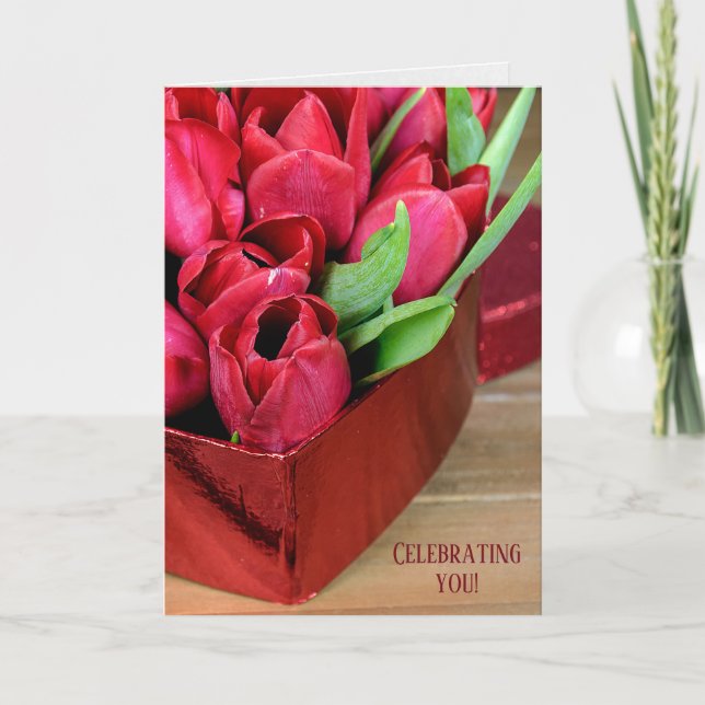 red birthday tulips in heart box card (Front)