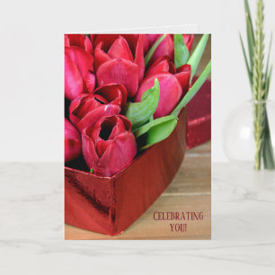 red birthday tulips in heart box card