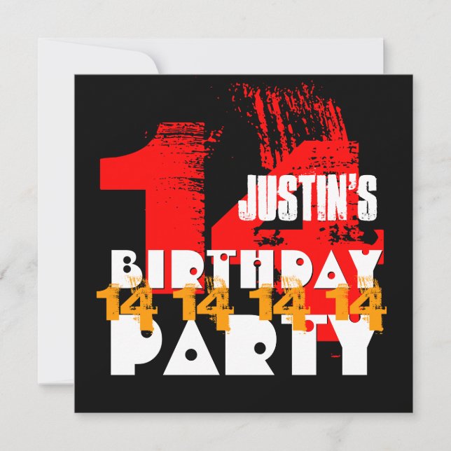 RED BLACK 14th Birthday Party 14 Year Old V06 Invitation (Front)