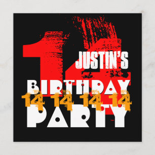 RED BLACK 14th Birthday Party 14 Year Old V06 Invitation