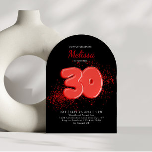 Red Black 30th Balloons Confetti Birthday Arch Invitation