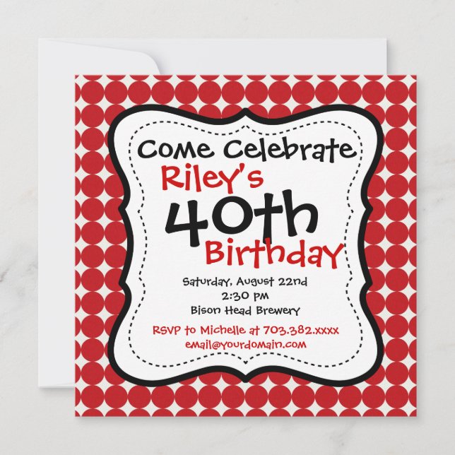 Red Black 40th Birthday Party Invitations (Front)