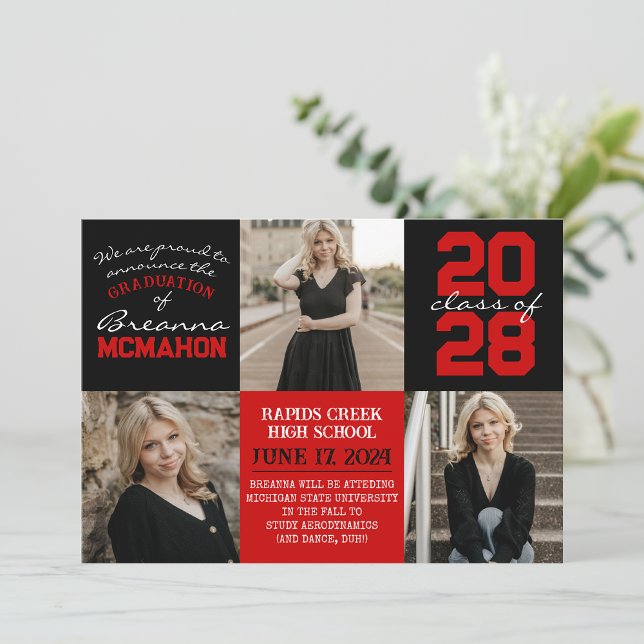 Red & Black 4 Photo Graduation Announcement (Red & Black Graduation Photo Announcements)
