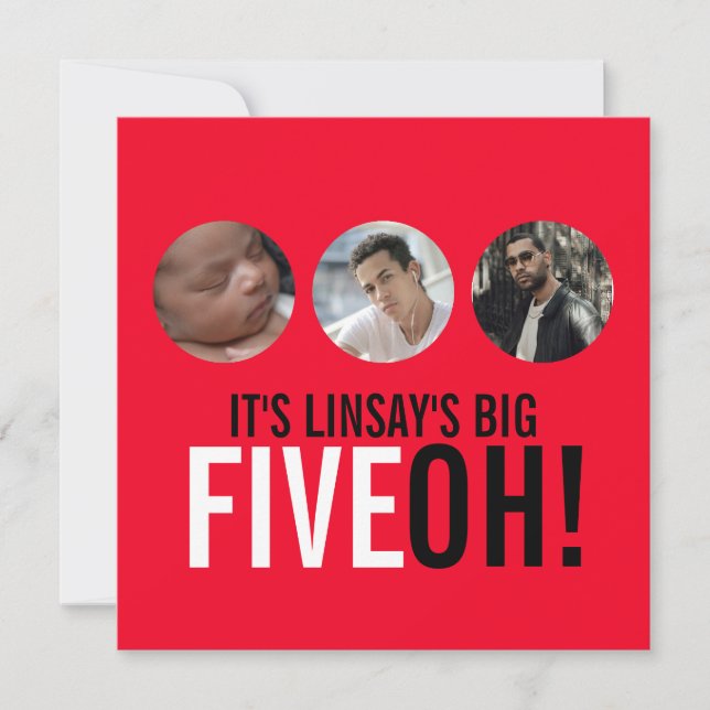 Red & black 50th FIVEOH! photo birthday invite (Front)