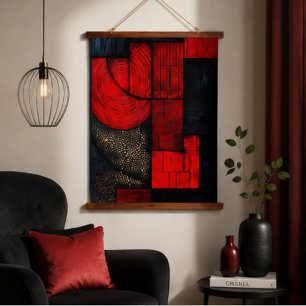 Red Black Abstract Geometric Wood Texture Modern Hanging Tapestry
