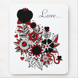 Red & Black Abstract Hearts & Flowers Design Mouse Mat