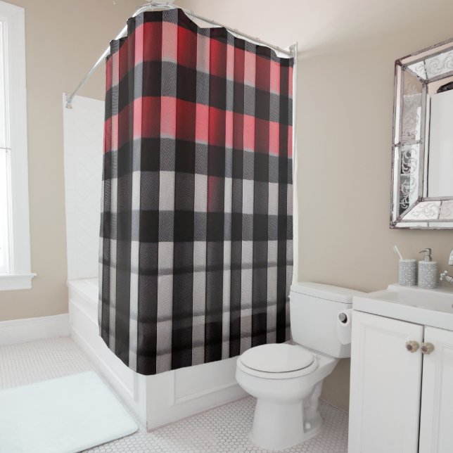 Red Black Abstract Plaid Modern Collection Shower Curtain (In Situ)