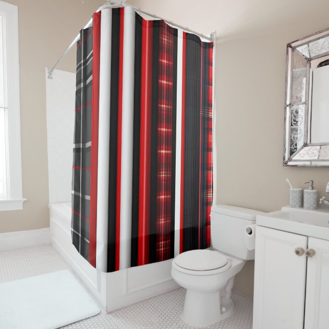 Red Black Abstract Plaid Trendy Collection Shower Curtain (In Situ)