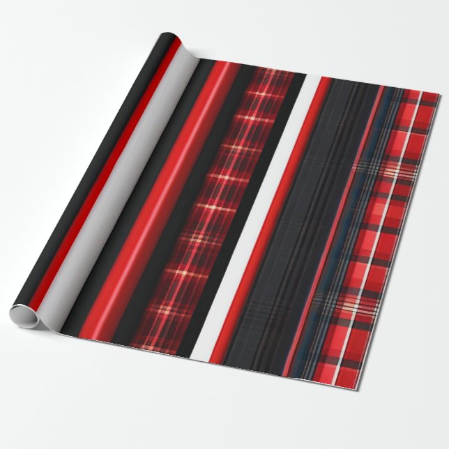 Red Black Abstract Plaid Trendy Collection Wrapping Paper (Unrolled)