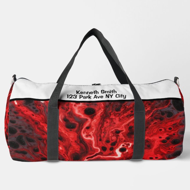Red Black Abstract Swirls Monogram Personalised Duffle Bag (Front)