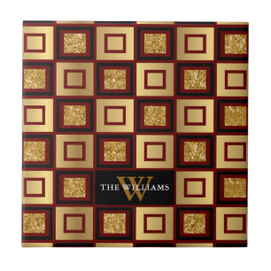 Red, Black And Gold Checkerboard Pattern Monogram Tile