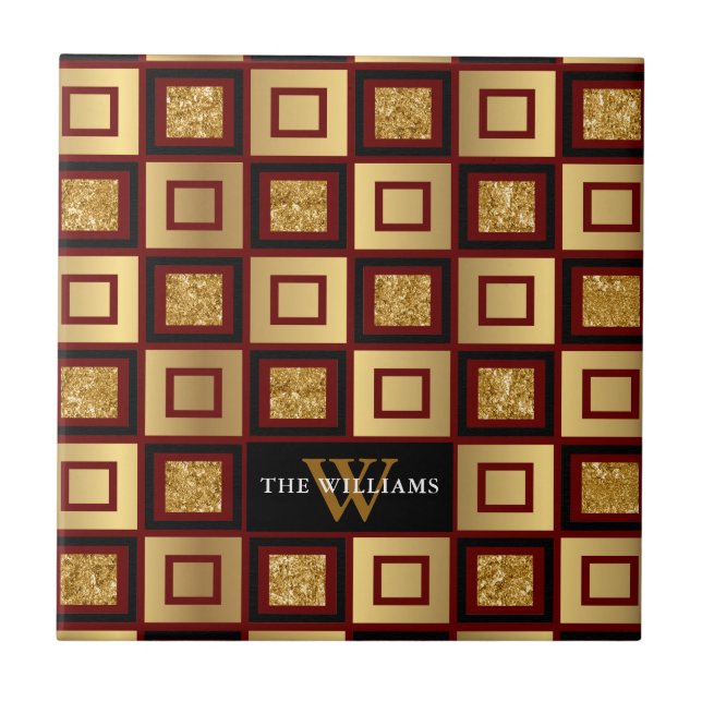 Red, Black And Gold Chequerboard Pattern Monogram Tile (Front)