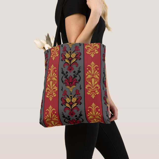 Red, black and Gold Damask Pattern Style Tote Bag (Close Up)